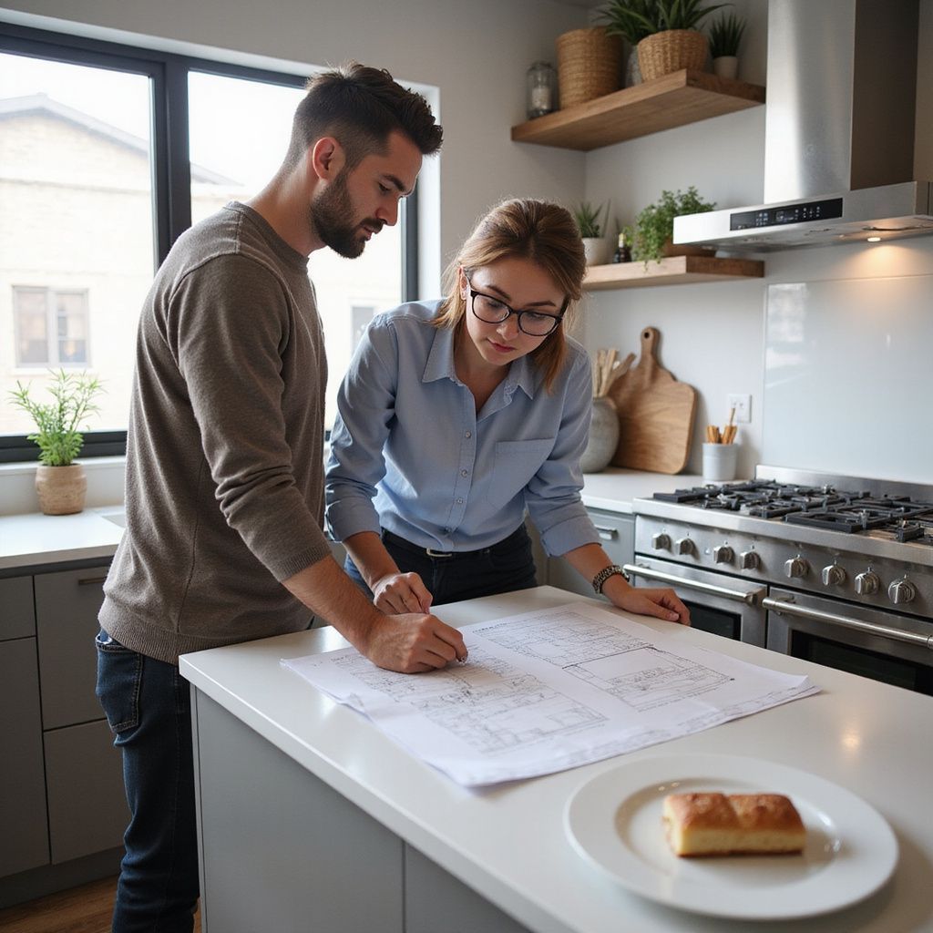 Couple looking at blueprints in a modern kitchen, discussing plans.