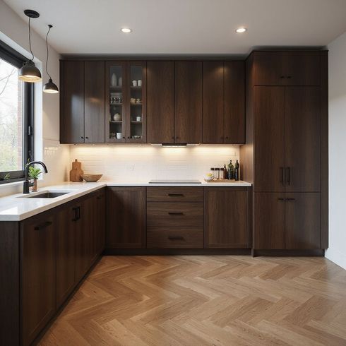 Dark wood kitchen with white countertops and herringbone wood flooring.