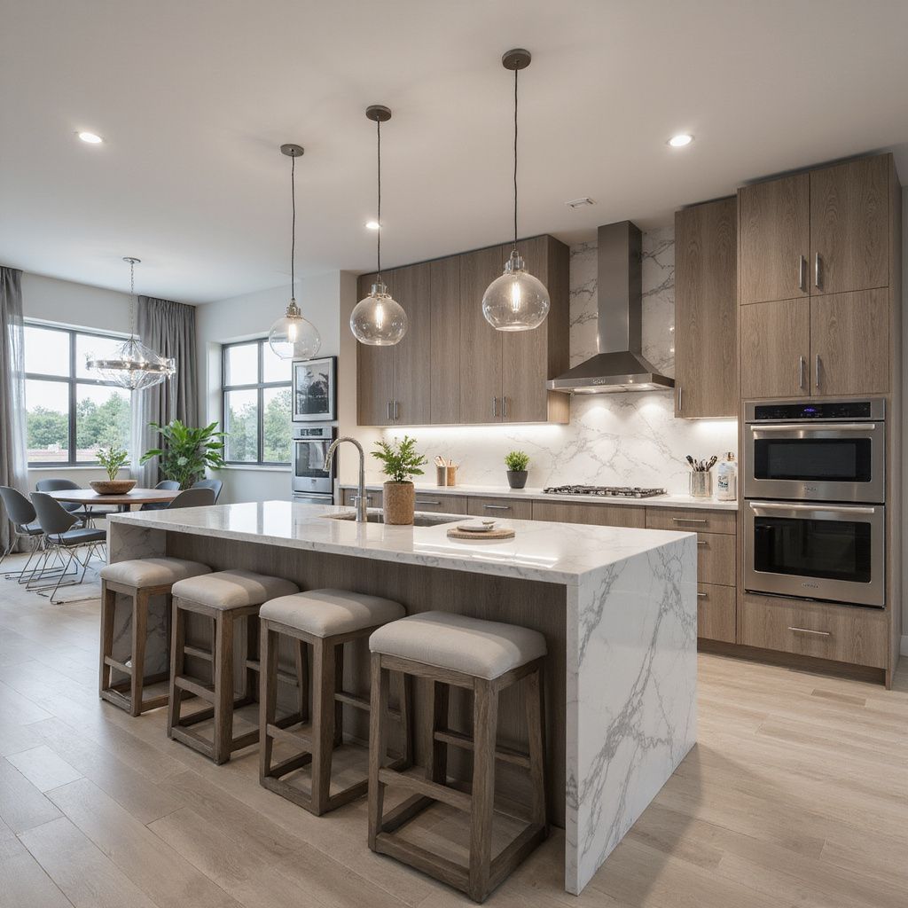 Modern kitchen with large island, wood cabinets, and pendant lights.