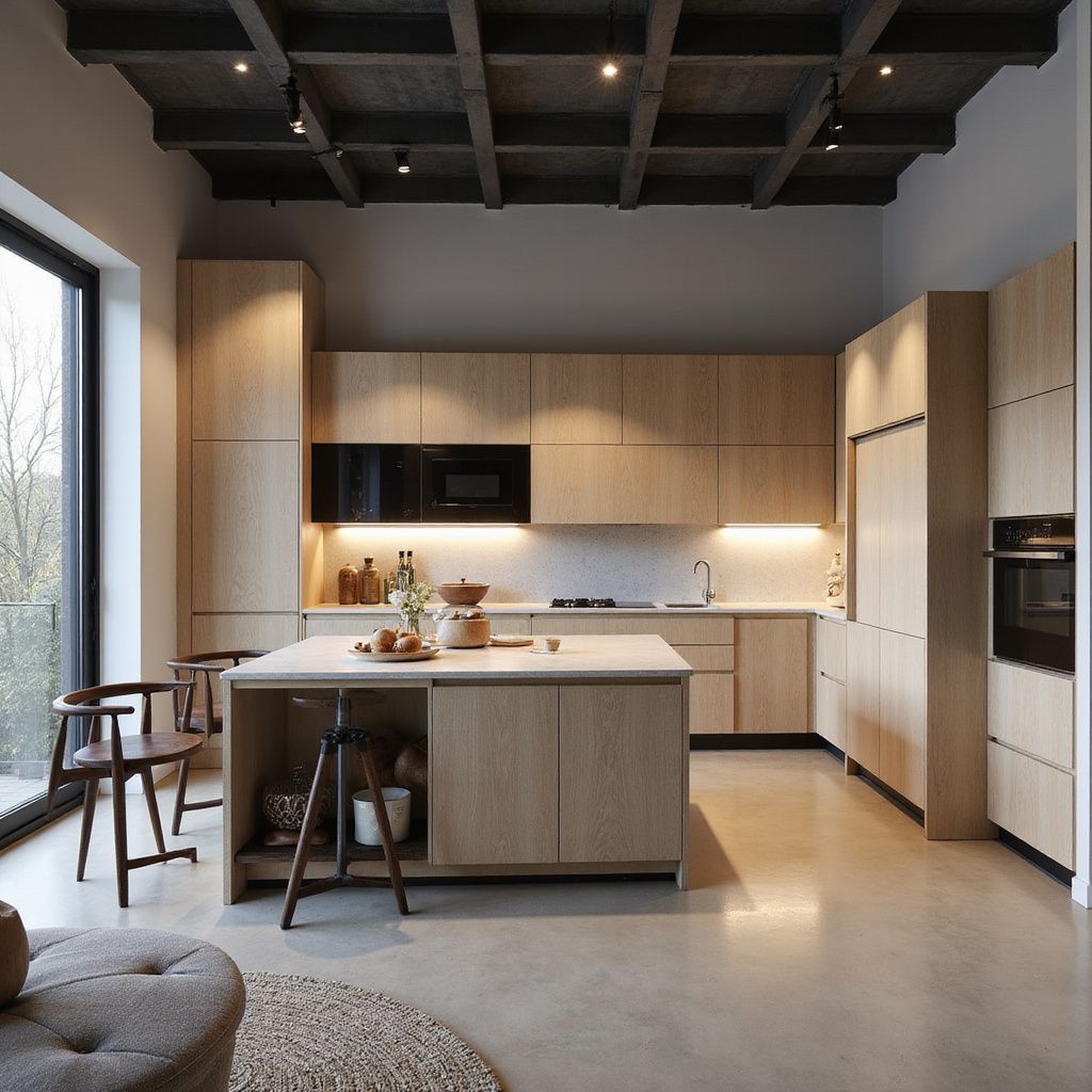 Modern kitchen with light wood cabinetry, island, and concrete floor.