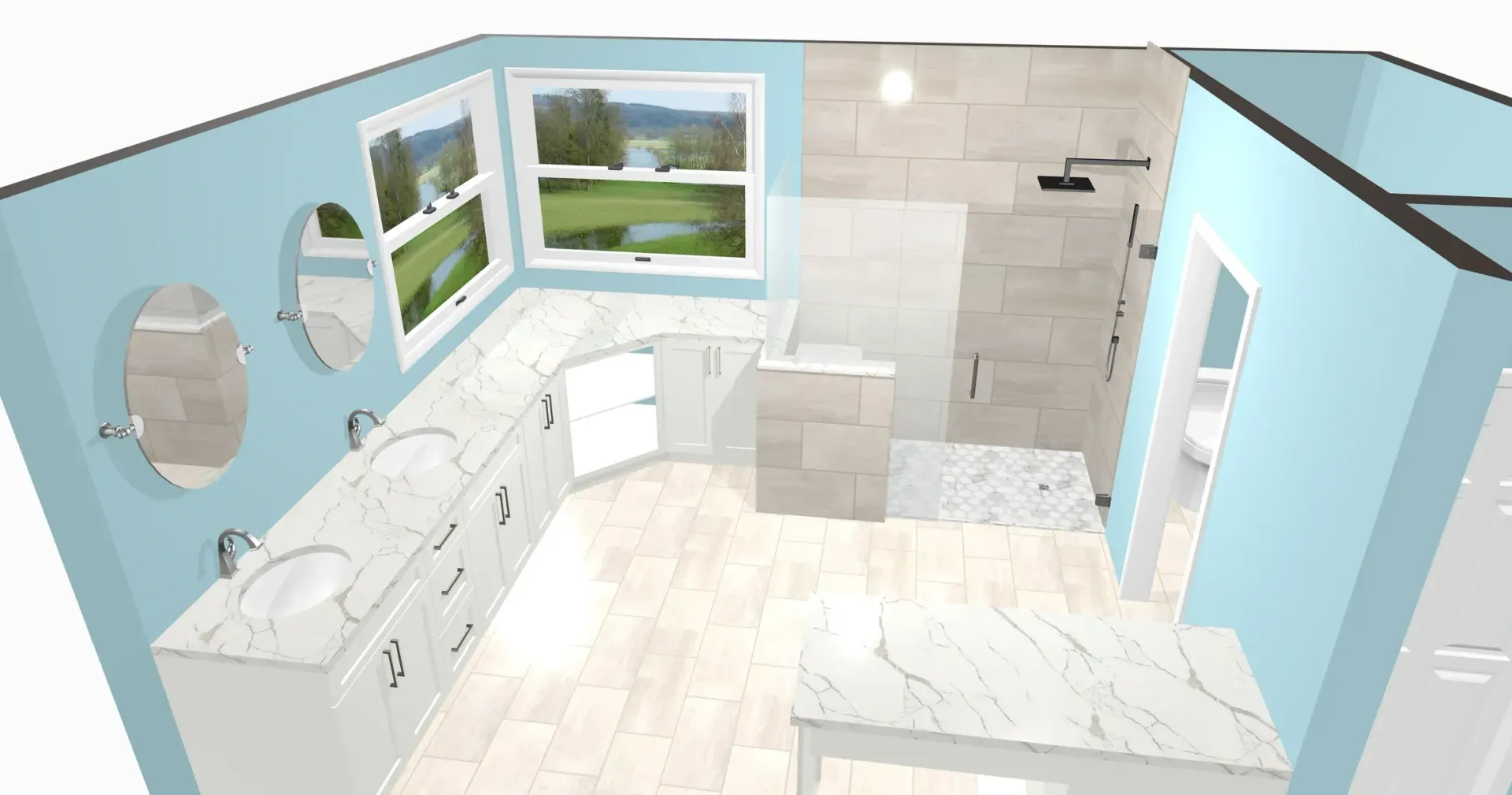 Bathroom rendering with blue walls, white fixtures, double vanity, shower, and window overlooking a landscape.