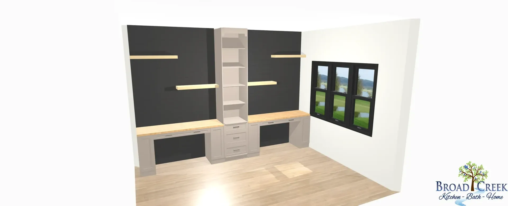 A room with black wall, window, desk and shelves. Gray desk and storage, wood floor.