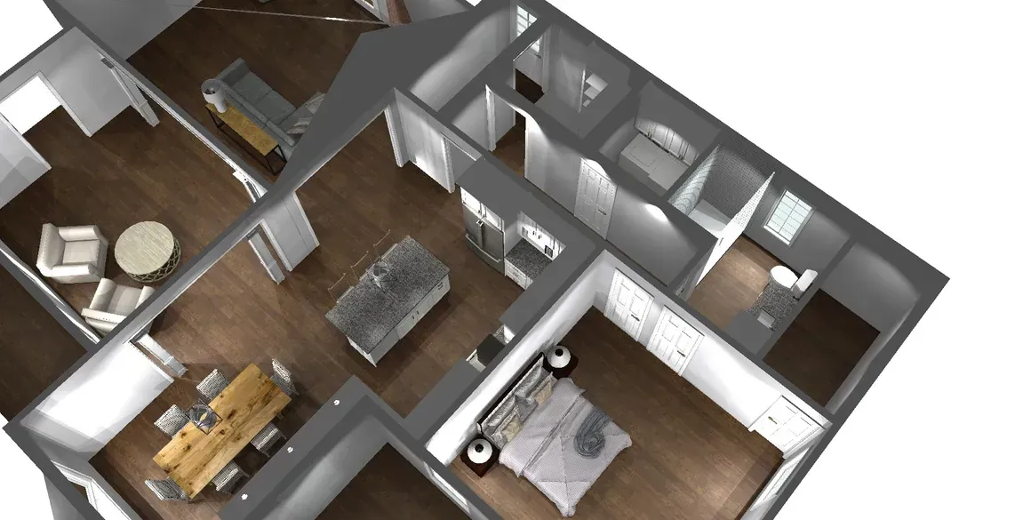 Top-down view of a modern home interior with wood floors, showing kitchen, living room, and bedroom.