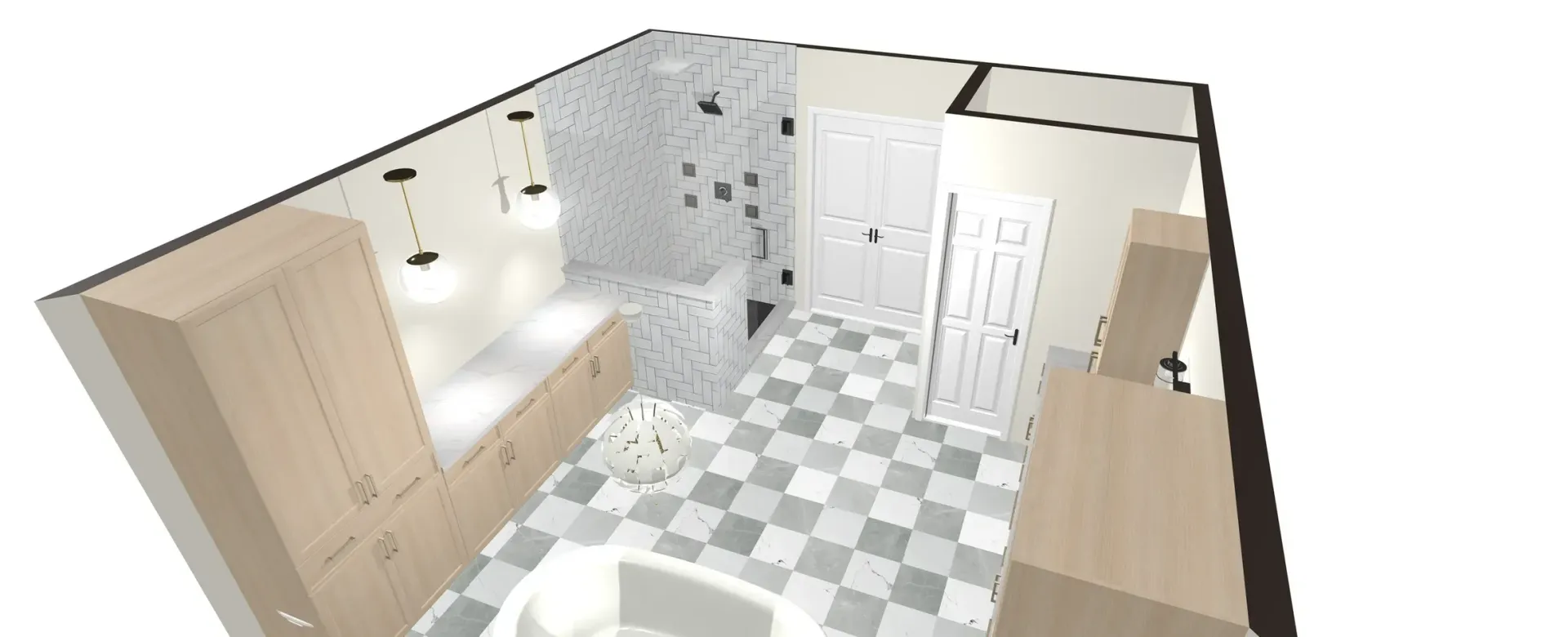 Bathroom interior design: light wood cabinets, gray and white checkered floor, shower, bathtub, and door.