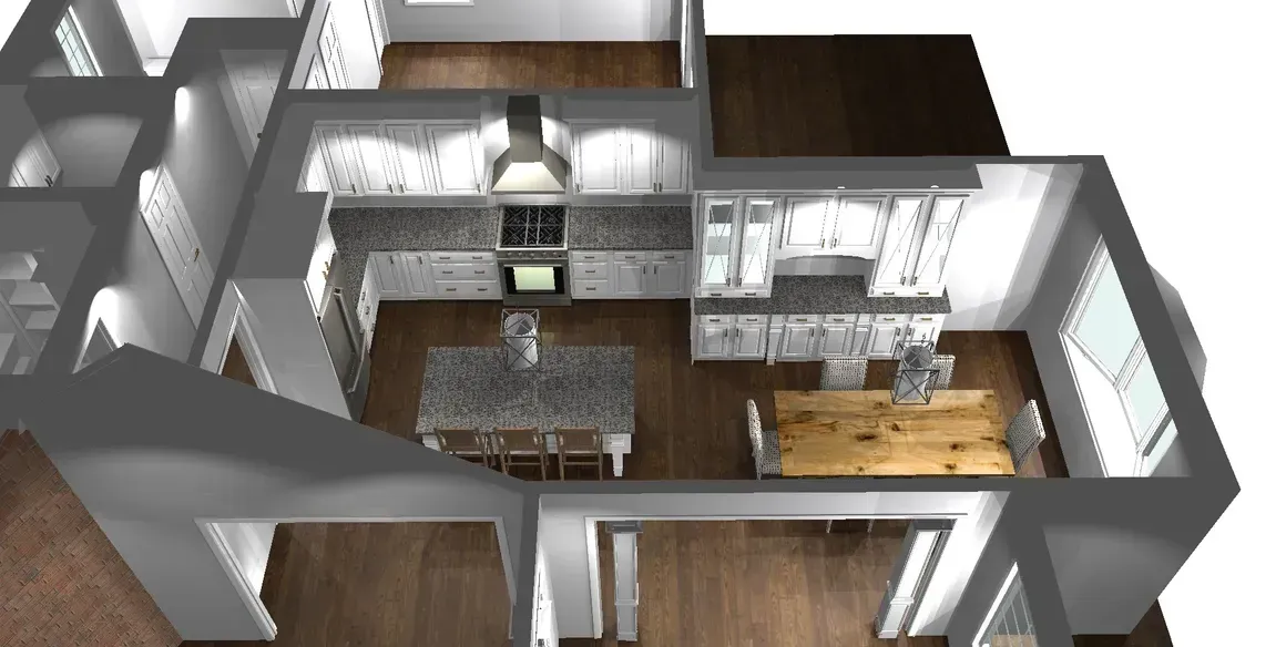 Overhead 3D rendering of a modern kitchen with island and dining table.