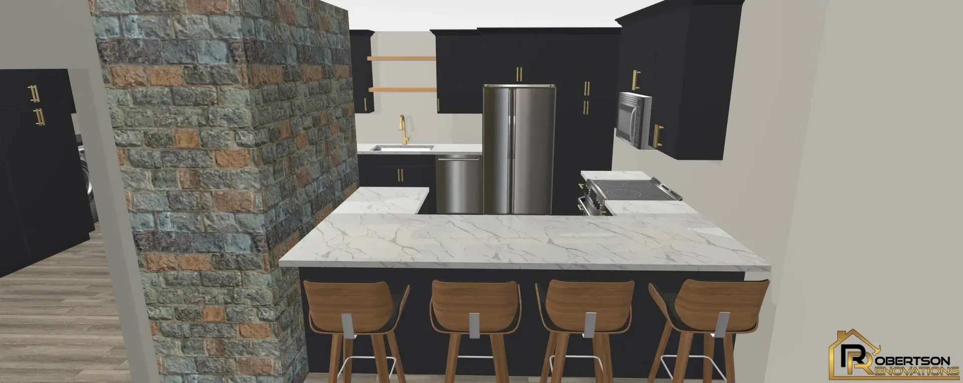 A modern kitchen with a stone wall and black cabinets. A stainless steel refrigerator, and wooden bar stools.