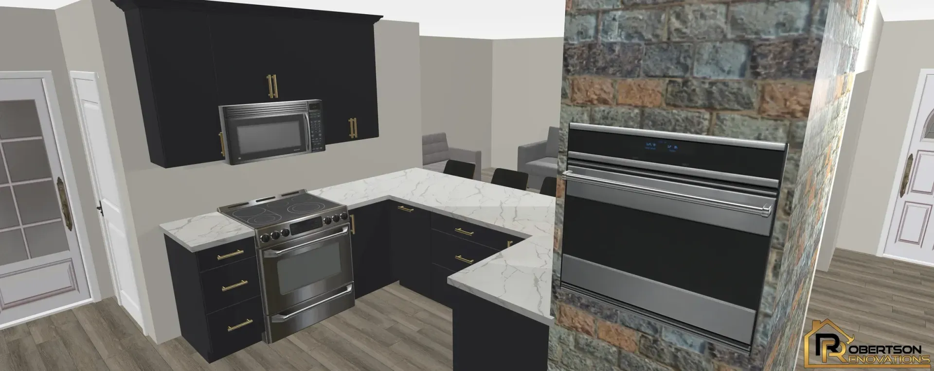 Kitchen with a U-shaped countertop, stainless steel appliances, and a brick wall.