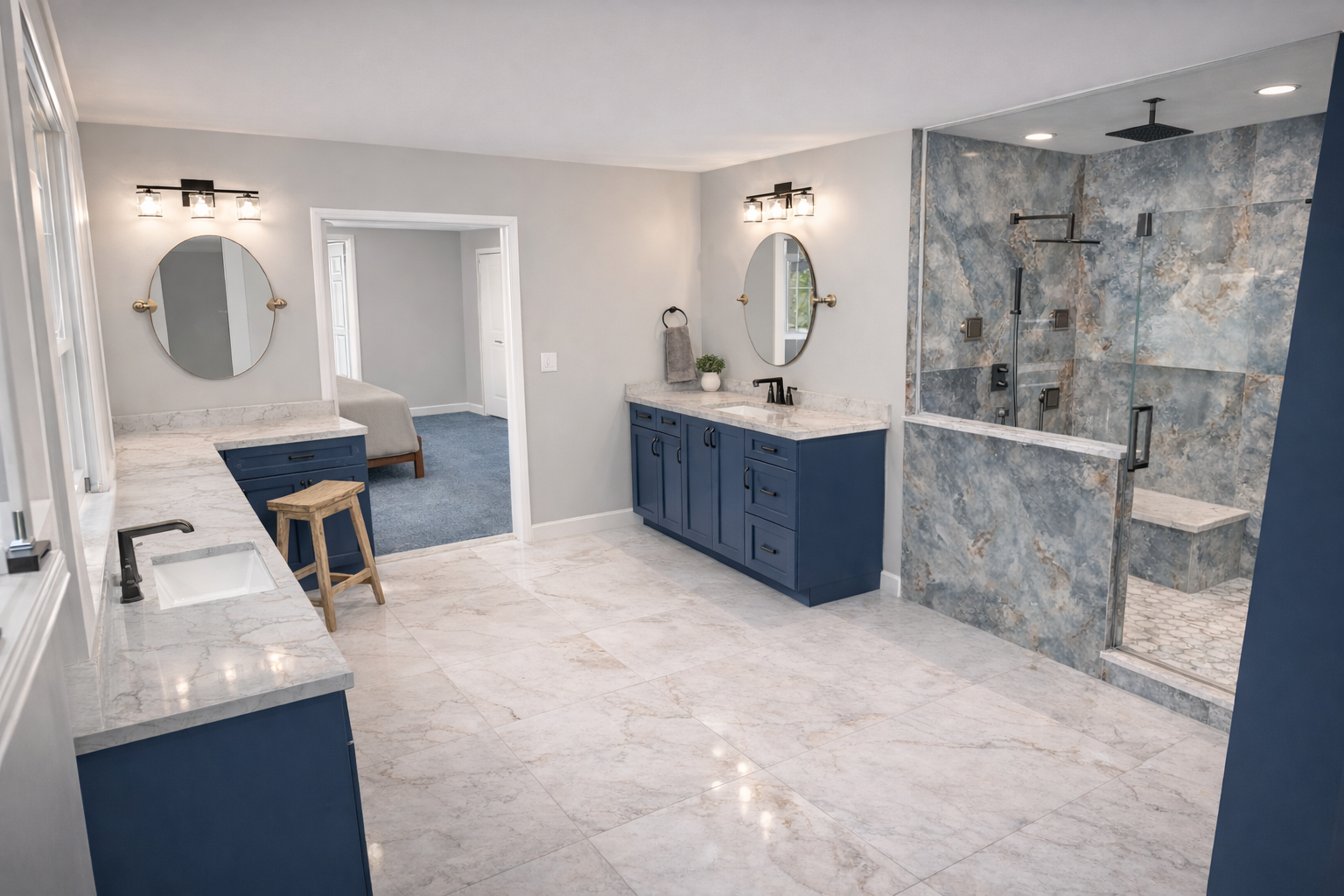 Spacious blue and white bathroom with marble floors, double vanity, and large walk-in shower.