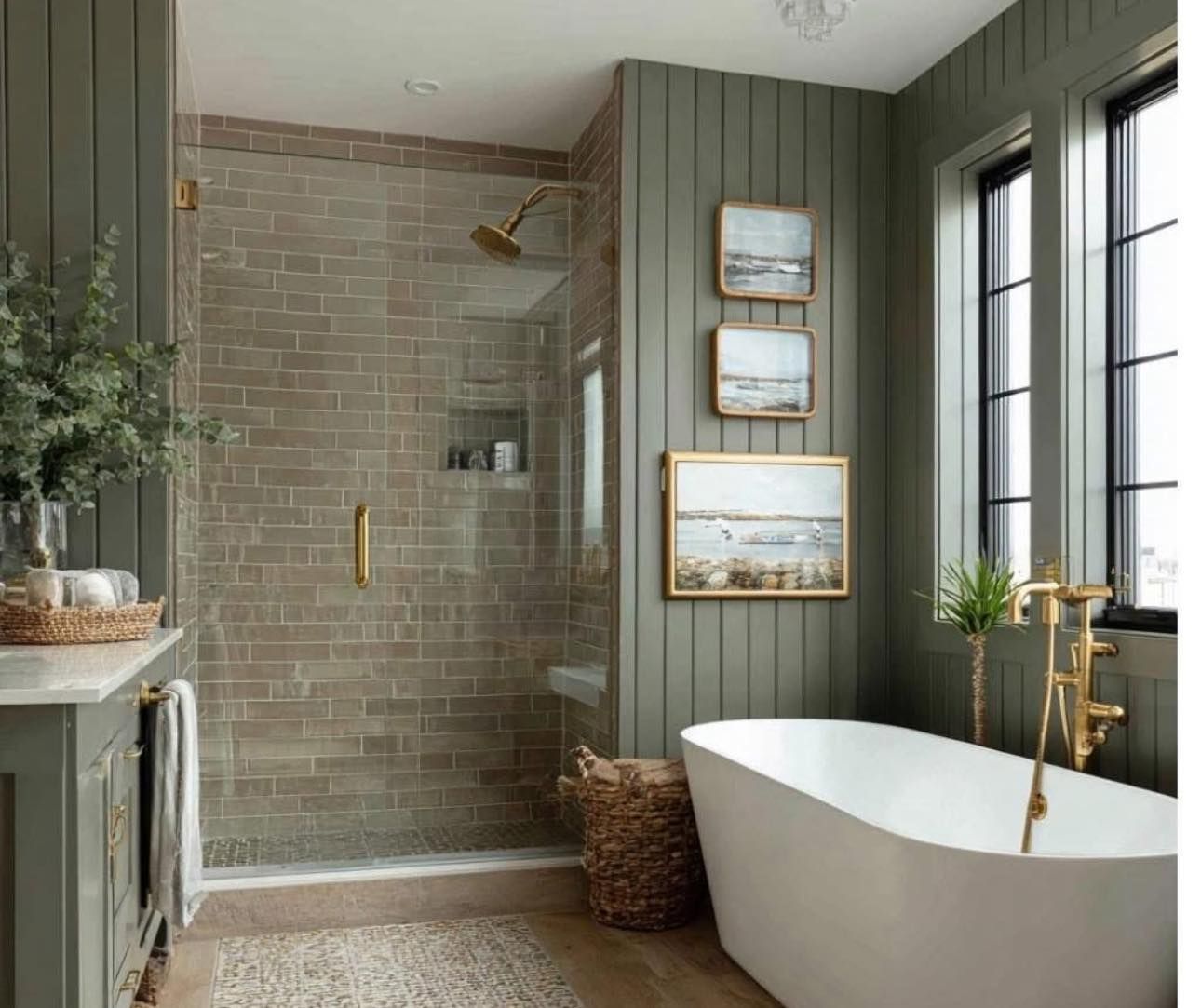 Green-walled bathroom with white tub, glass shower, gold fixtures, and landscape art.