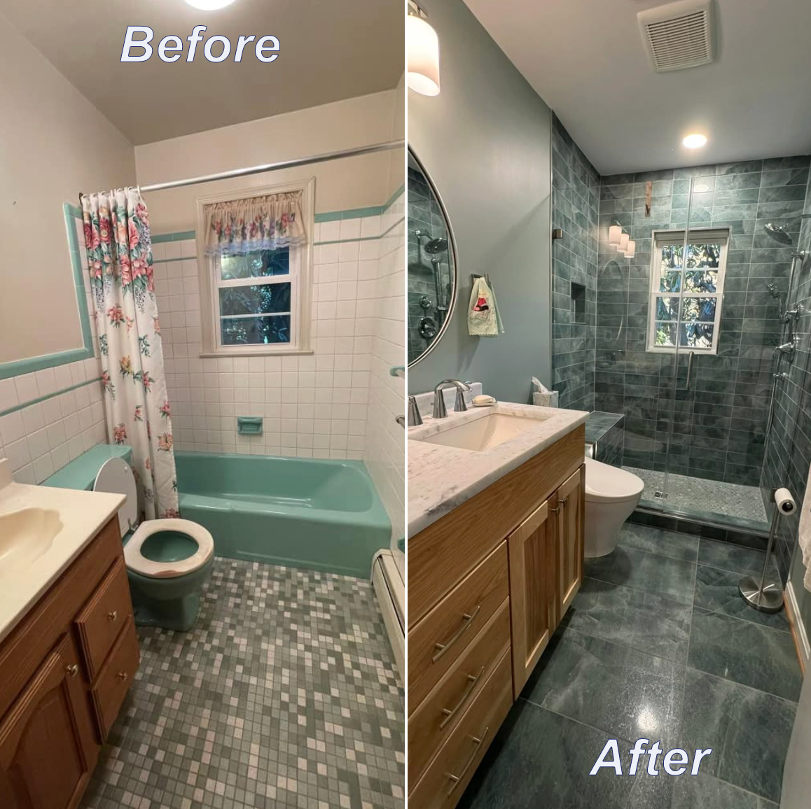 Bathroom renovation comparison: Before vintage style with turquoise fixtures, after features modern, gray tile and vanity.