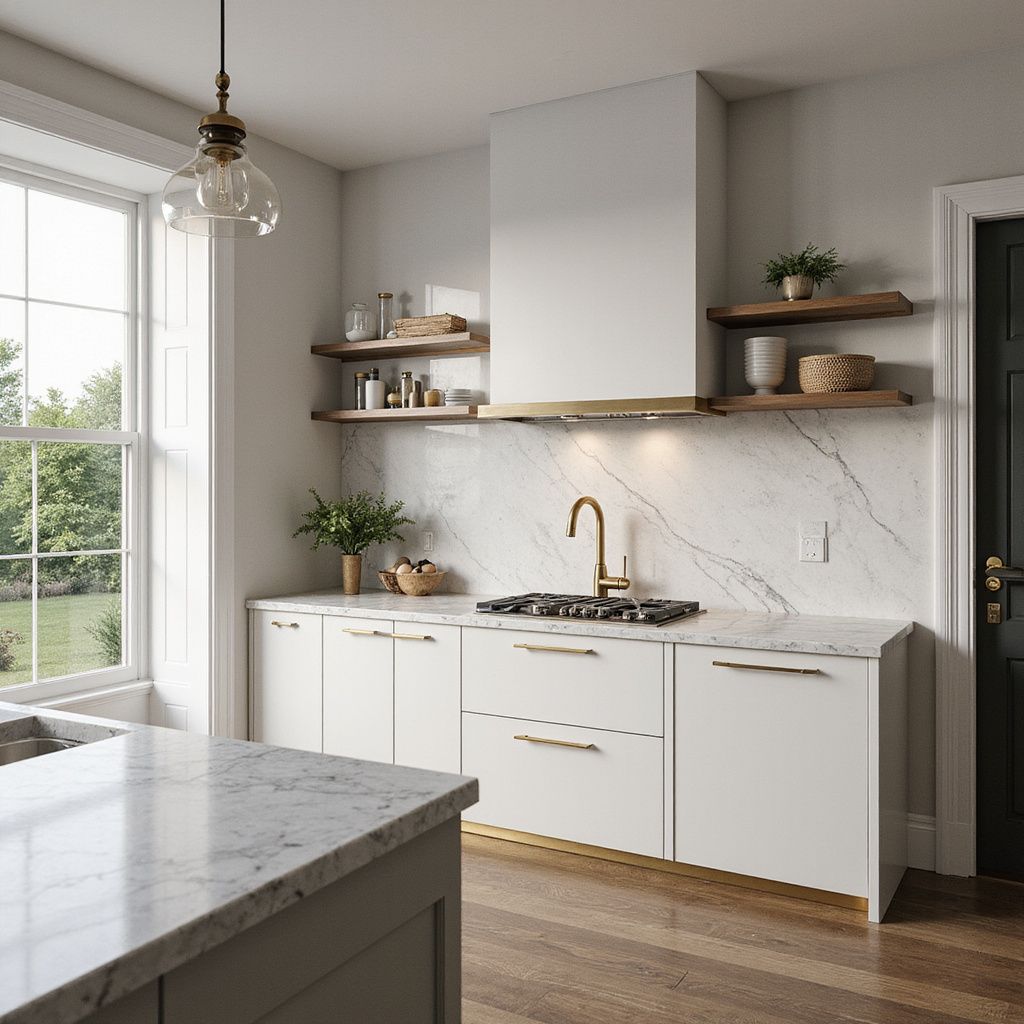 Modern kitchen with white cabinets, marble counters, and brass accents; window on the left.