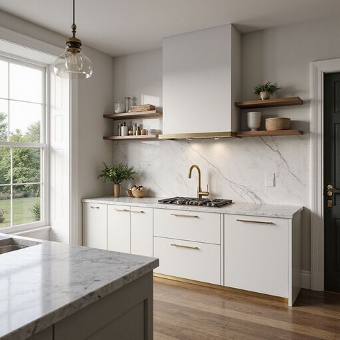 Modern kitchen with white cabinets, marble counters, and brass accents; window on the left.