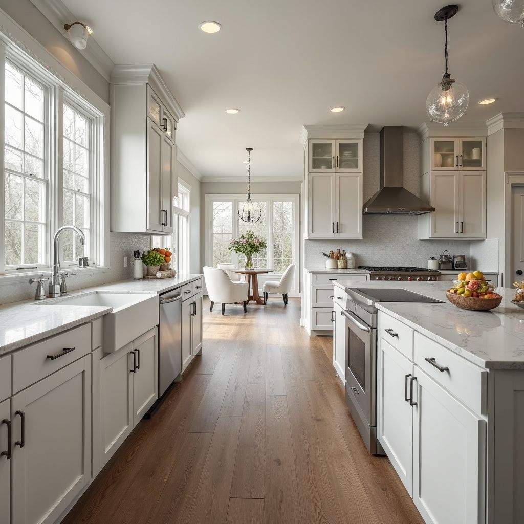 Bright, white kitchen with wooden floors. Includes island, stainless steel appliances, and a dining area.