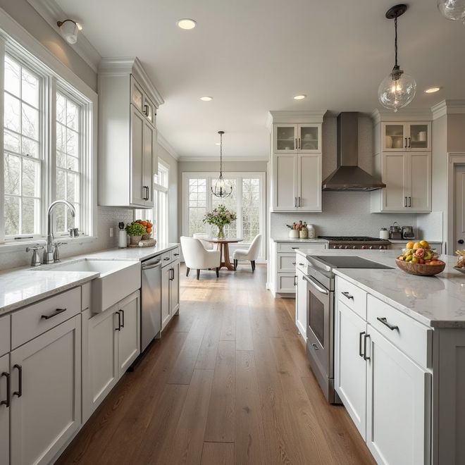 Bright, white kitchen with wooden floors. Includes island, stainless steel appliances, and a dining area.