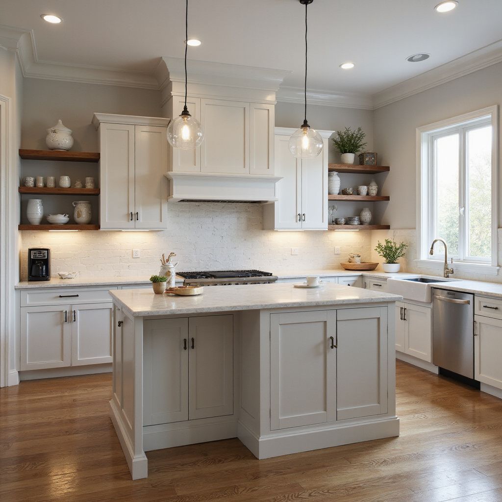 White kitchen with island, cabinets, countertops, open shelving, stainless steel appliances, and wooden floors.