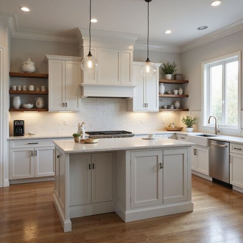 White kitchen with island, cabinets, countertops, open shelving, stainless steel appliances, and wooden floors.