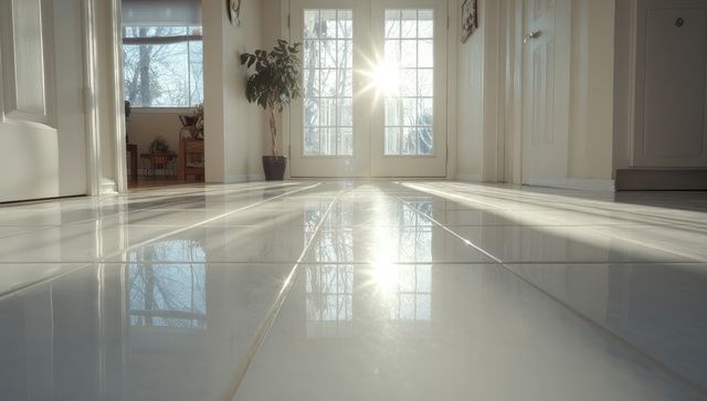 Sunlight streams into a white tiled hallway through French doors and a window, reflecting on the floor.