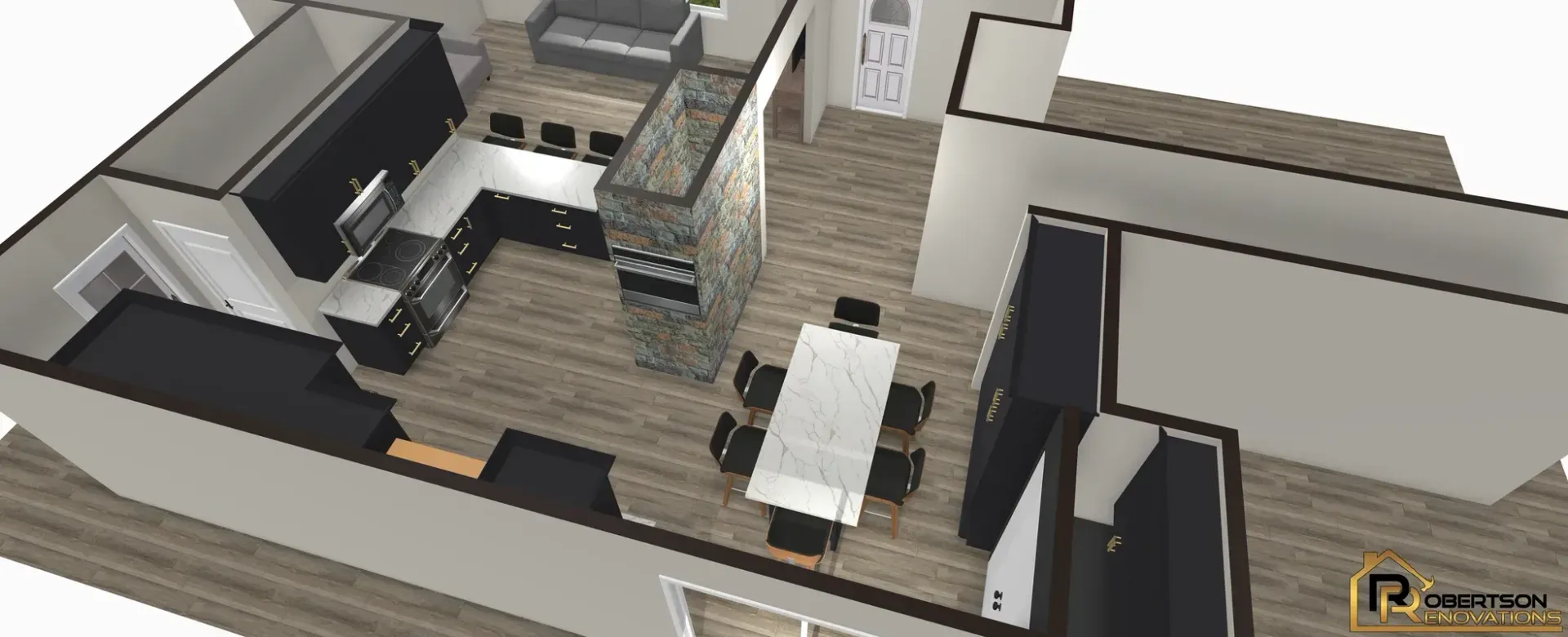 An overhead view of a modern kitchen and dining area with black cabinetry, a large dining table, and stone island.