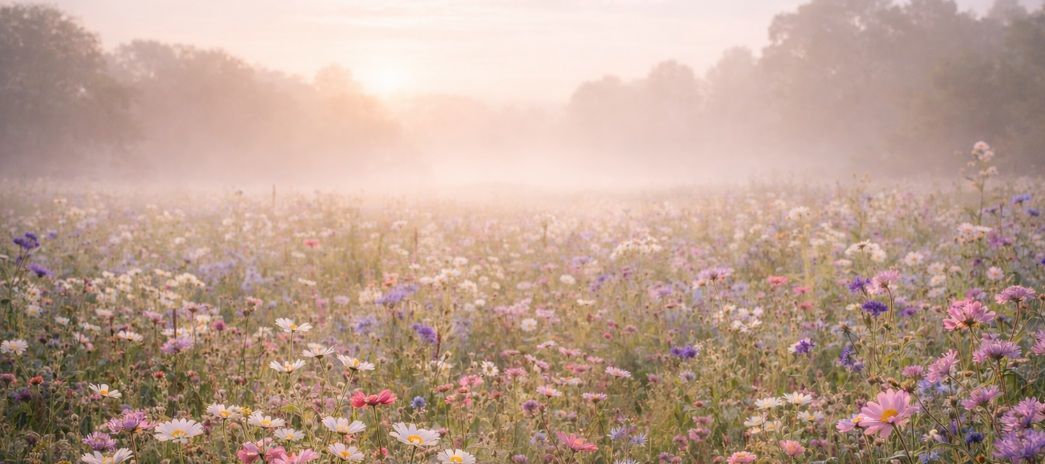 A tranquil meadow of blooming wildflowers in soft morning cremation services Coeur D’Alene, ID