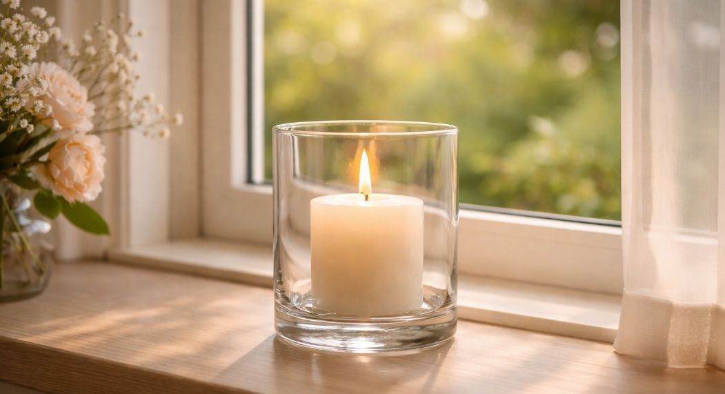A softly glowing candle in a clear glass holder funeral homes Coeur D’Alene, ID