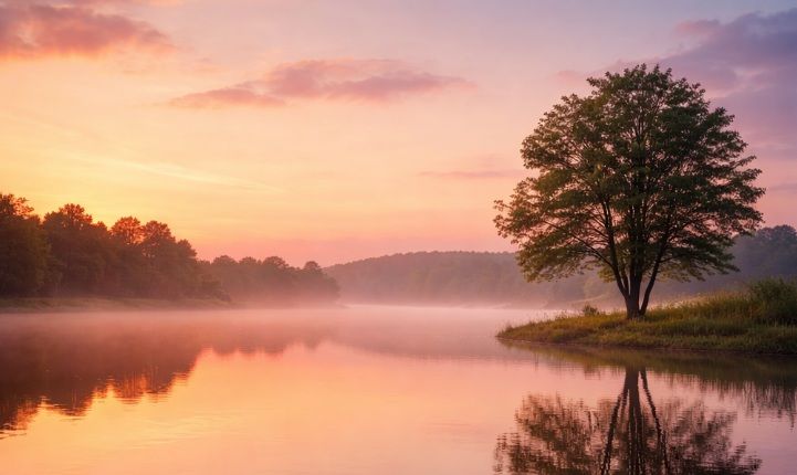 Soft sunset over a calm lake with a single tree