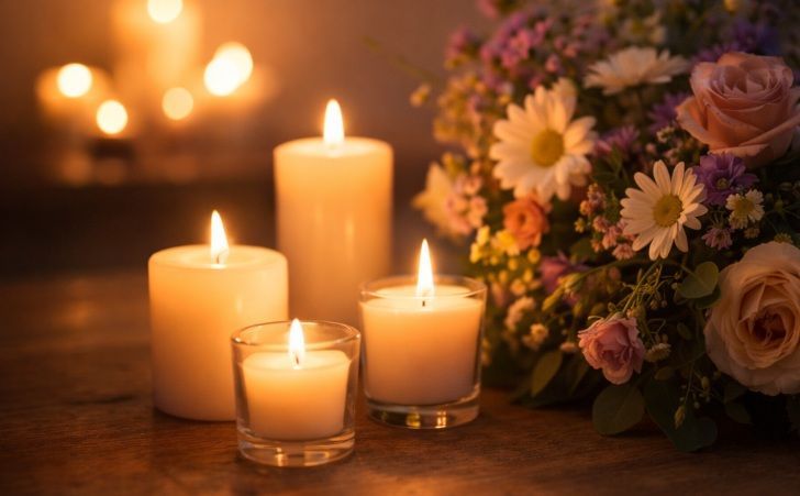 Softly lit candles and a bouquet of fresh flowers on a wooden table in Post Falls