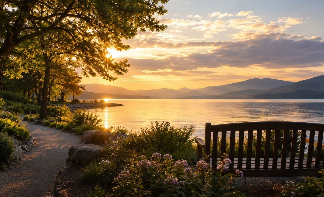 wooden bench overlooking calm water and distant mountains cremation services Coeur D’Alene, ID