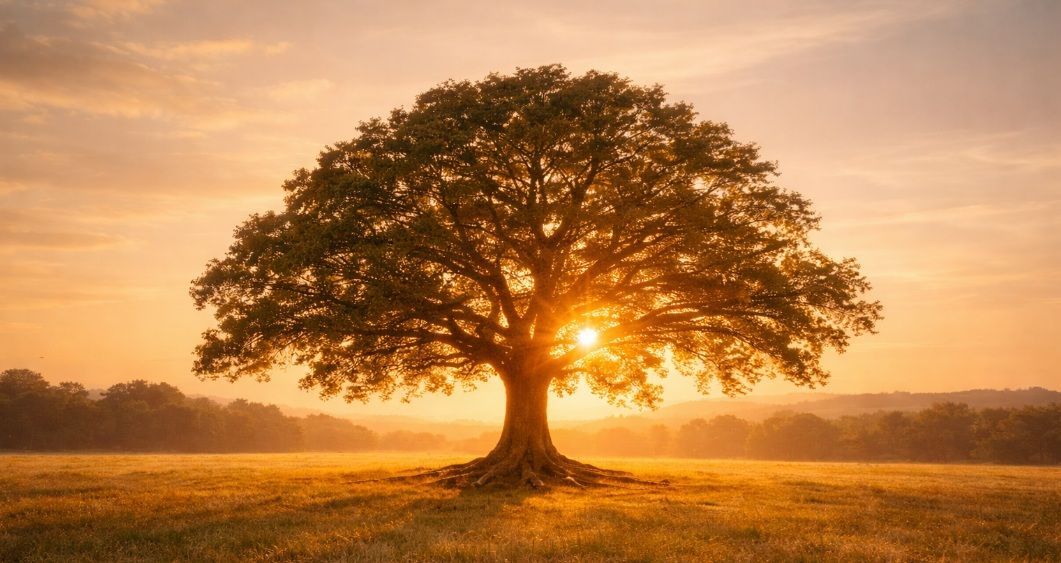 mature tree in a golden field at sunset, symbolizing strength and guidance funeral homes Hayden, ID