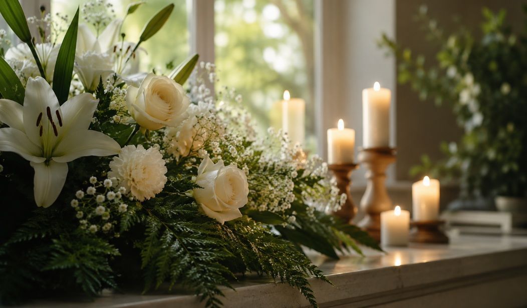 Peaceful floral arrangement and softly glowing candles funeral homes Coeur D’Alene, ID