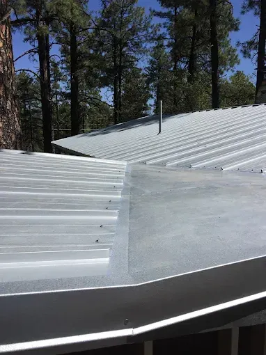 Galvanized metal roof with multiple slopes and a chimney against a forested background.