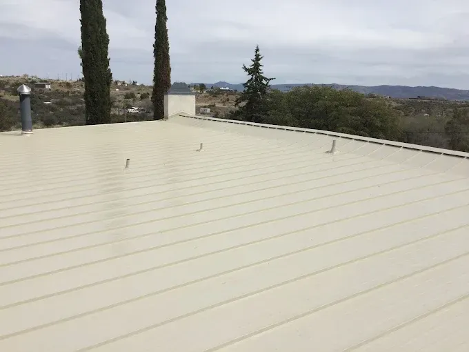Beige metal roof with visible seams, set against a distant landscape of trees and hills under a cloudy sky.