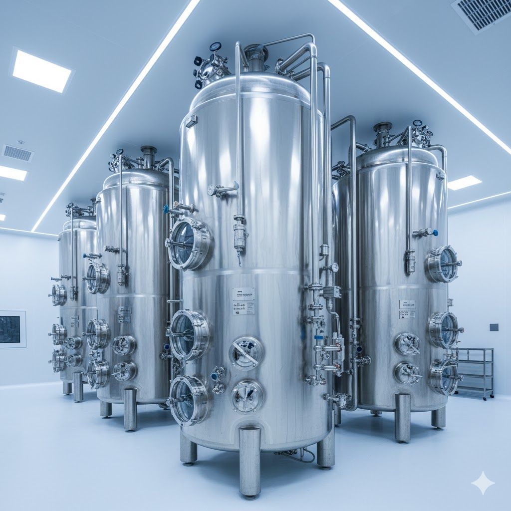 Several large, industrial stainless steel tanks for chemical or pharmaceutical processing in a clean, brightly lit room.