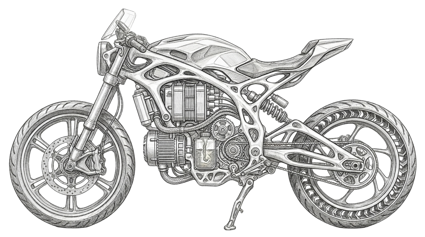 A sketch of an electric motorcycle with a distinctively complex, lattice-style open frame design on a white background.
