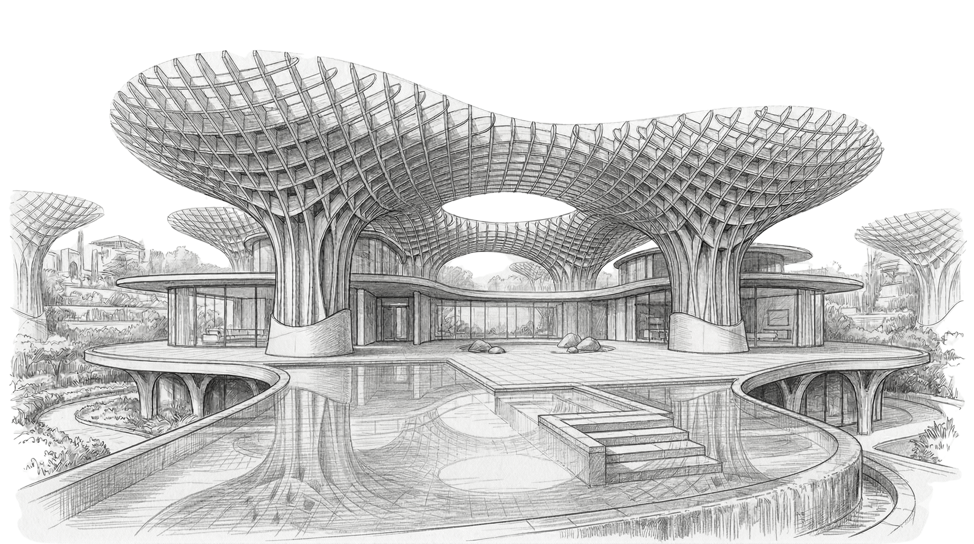 A sketch of the Metropol Parasol in Seville, featuring its distinctive large, waffle-patterned wooden canopy structure.