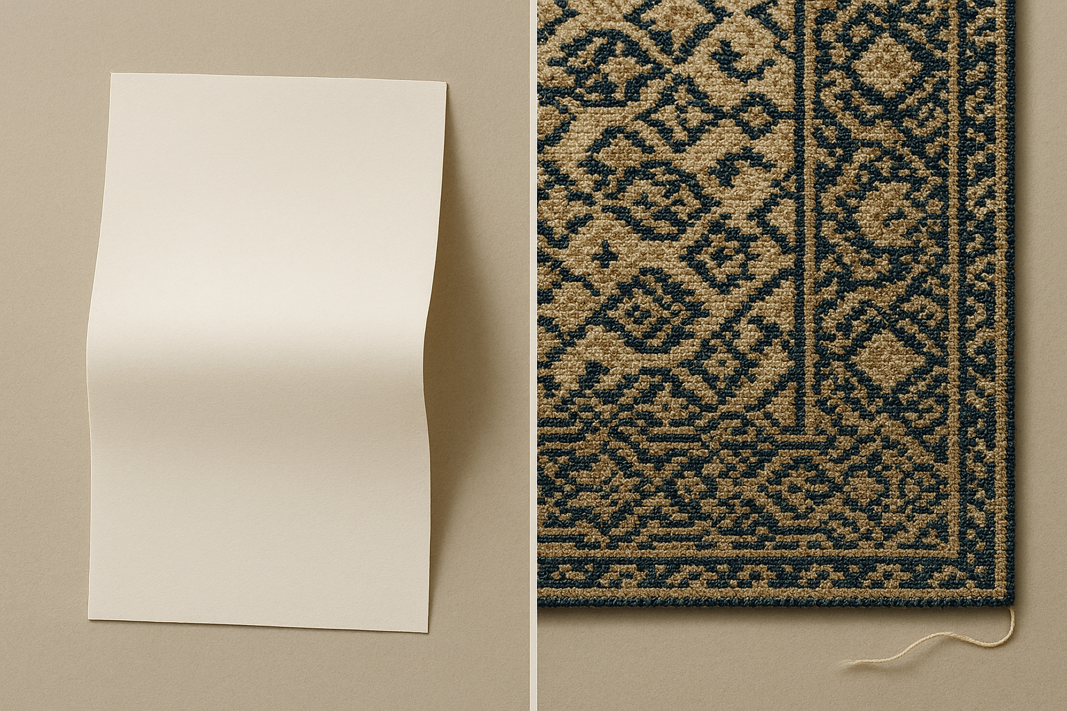 A folded blank white card sits beside a portion of a dark teal and tan woven rug with a geometric pattern.