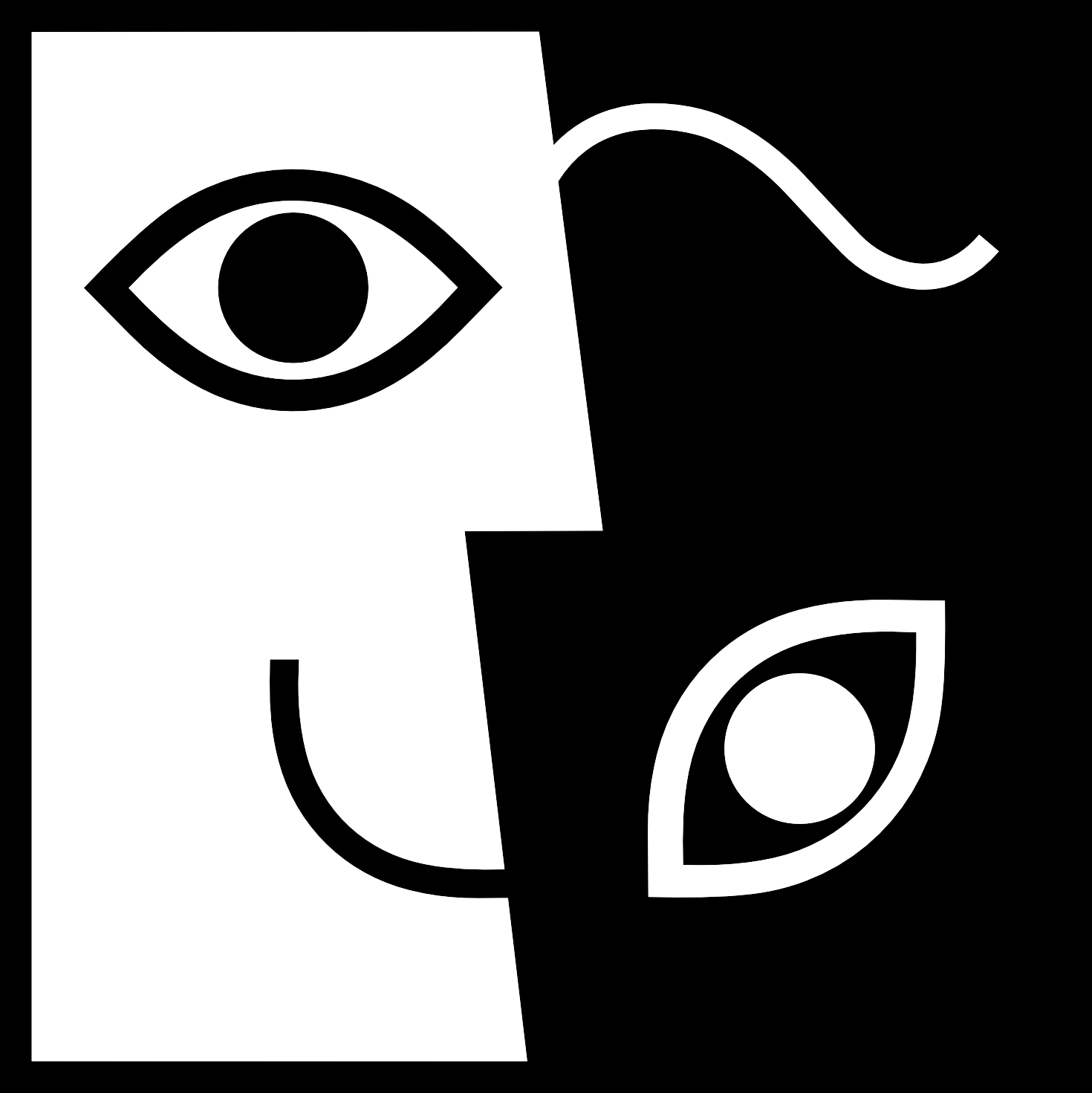 Graphic logo featuring a stylized face split vertically between black and white, with an eye visible on each side.
