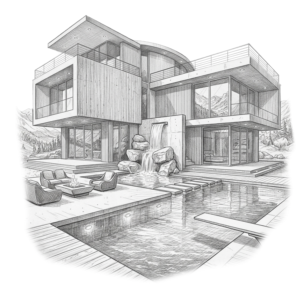 A pencil sketch of a modern building with a curved roof overlooking a pond and landscape with large rocks.