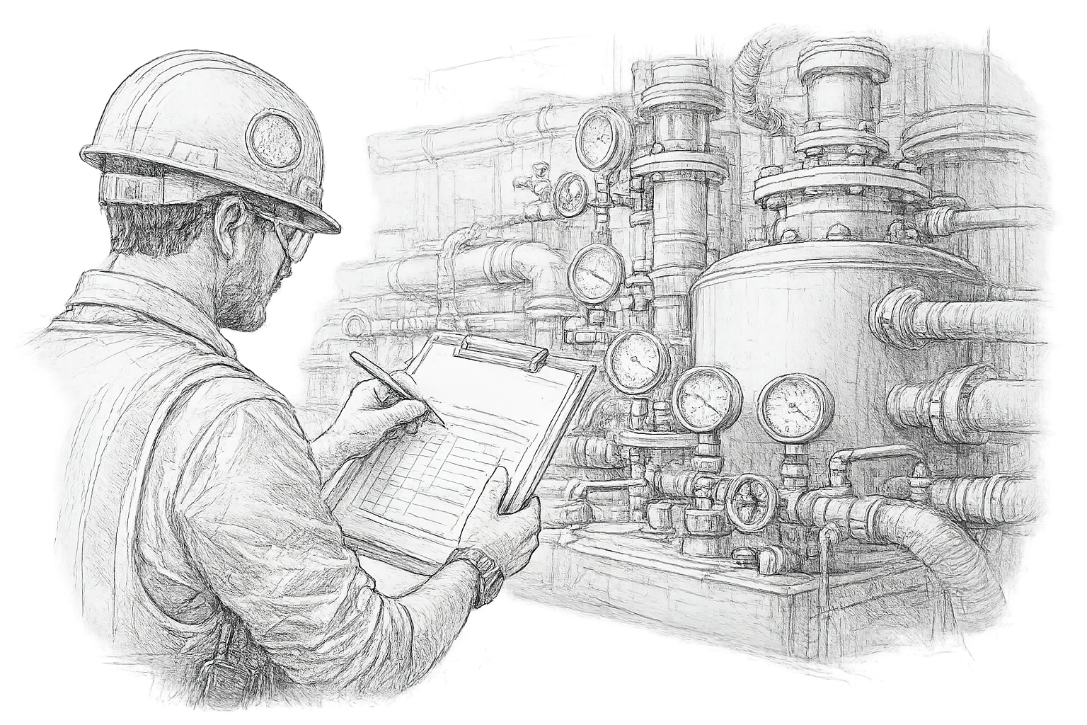 A worker in a hard hat inspects industrial piping and gauges while taking notes on a clipboard.