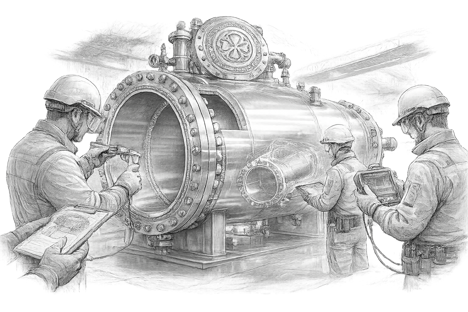 Three workers in hard hats inspect a large industrial pipe component with specialized tools and documentation.