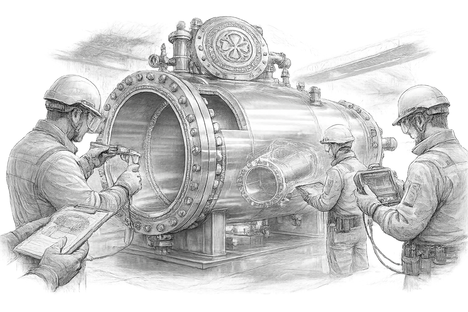 Three workers in hard hats inspect a large industrial pipe component with specialized tools and documentation.