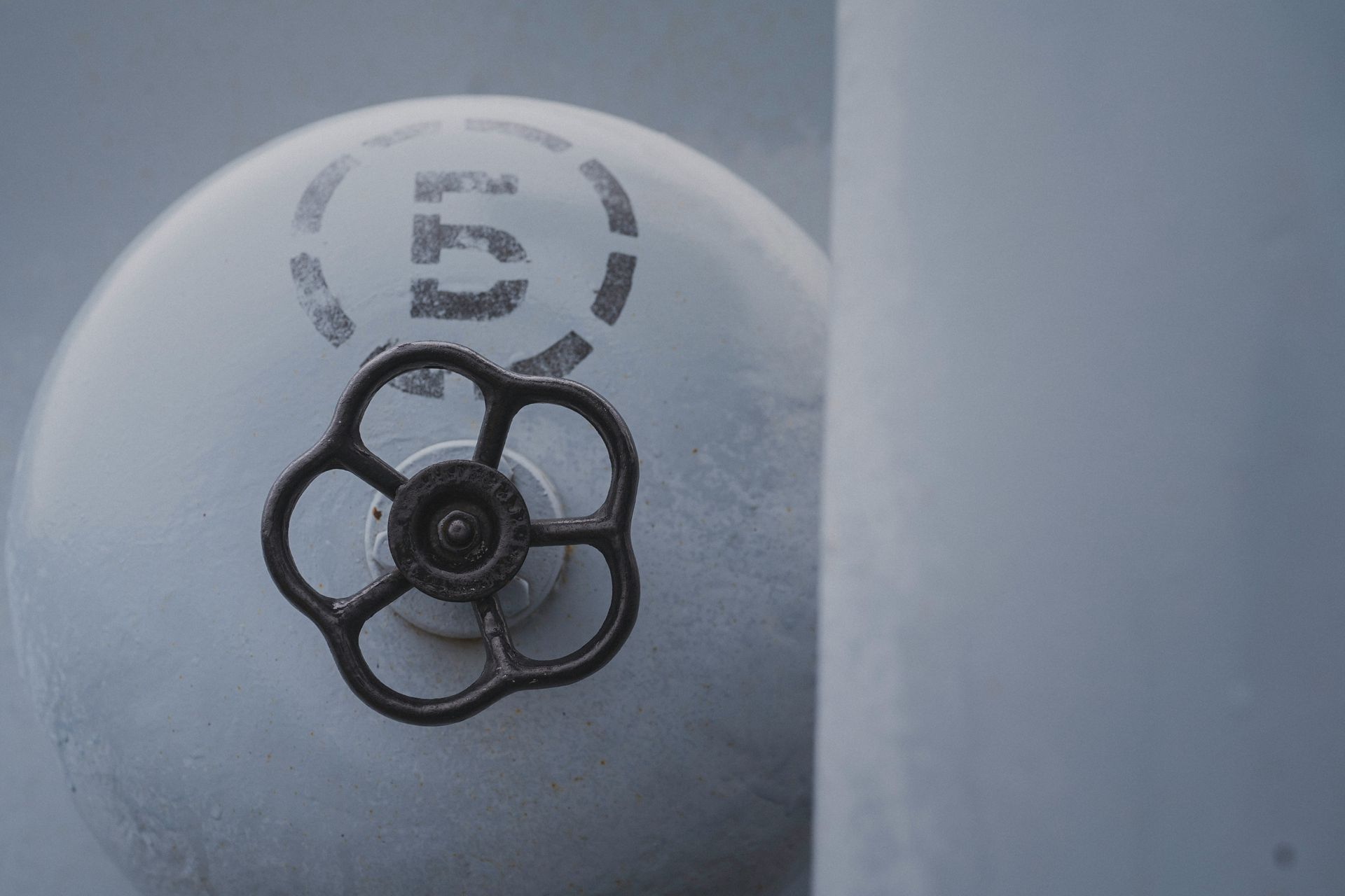 Una valvola nera a cinque razze su un serbatoio sferico bianco 