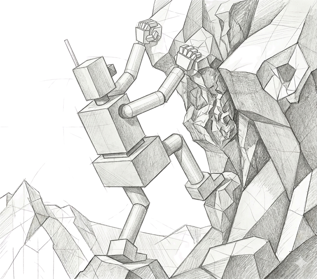 A pencil sketch of a stylized, blocky figure in a skiing pose, wearing a helmet and using a pole.