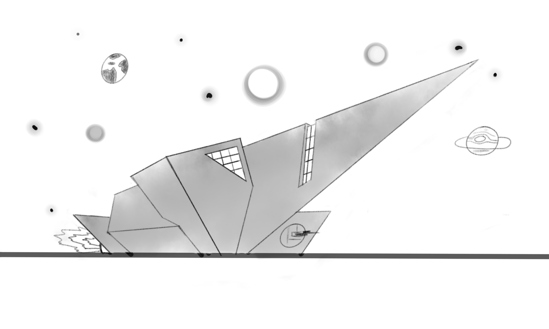A gray, geometric, origami-style starship crashes into a flat horizon against a backdrop of distant planets and stars.