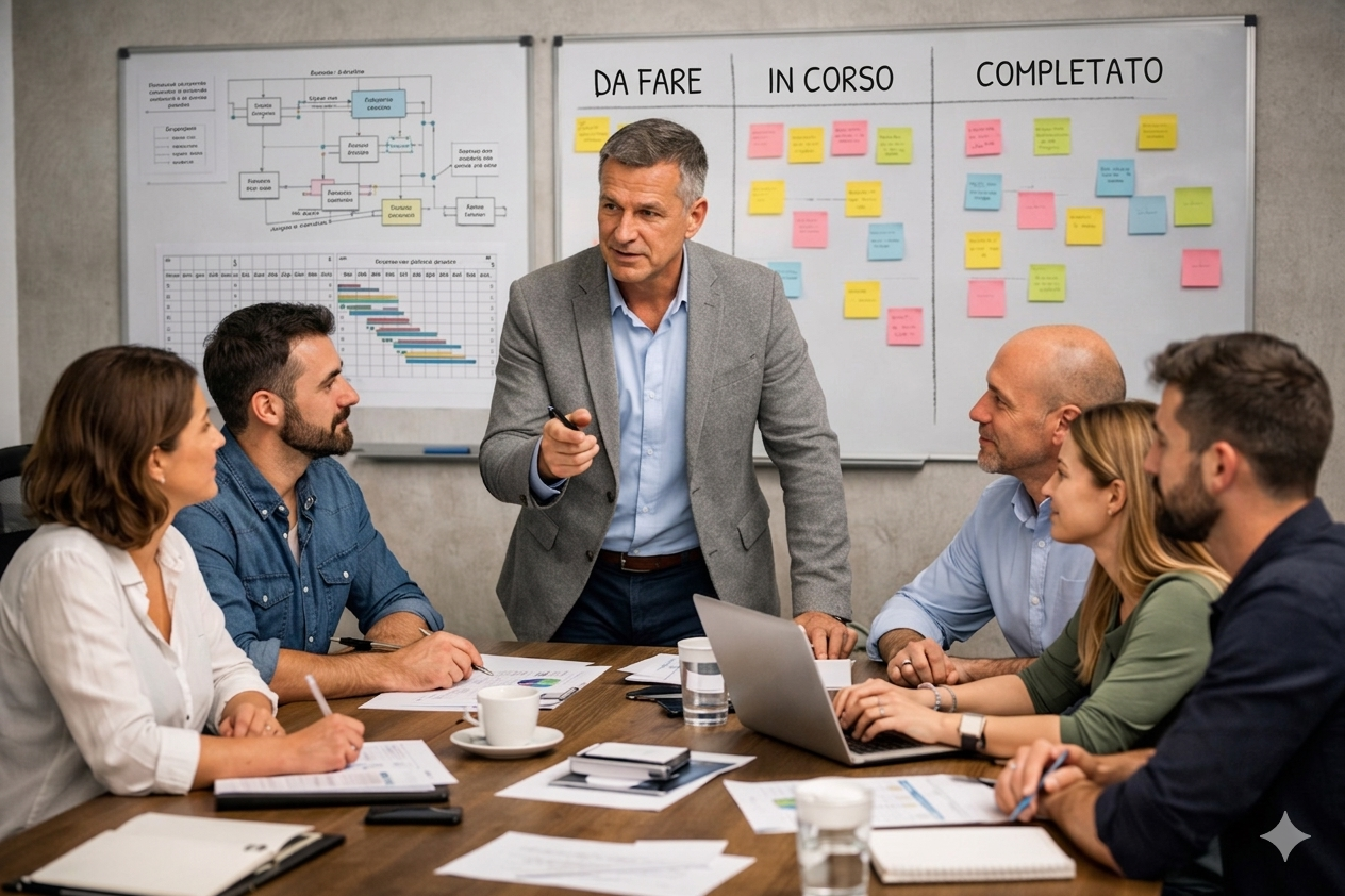 A professional team sits around a conference table during a meeting while a manager stands and gestures toward a whiteboard.