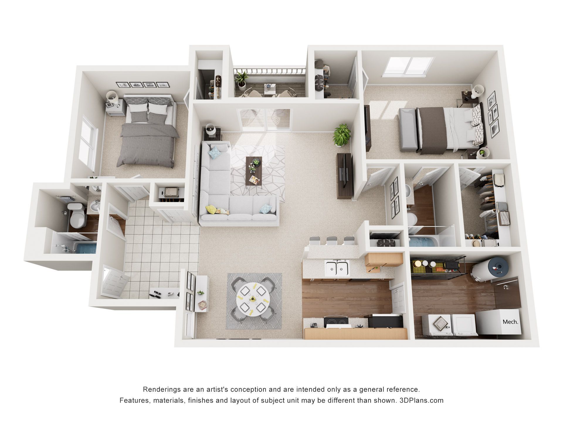 Floor plan of a 2-bedroom apartment. Includes living room, kitchen, dining area, and two bedrooms with bathrooms.