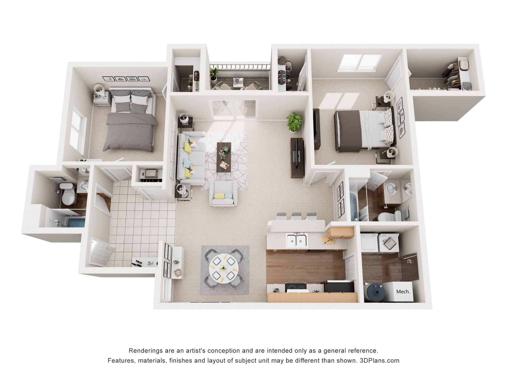 Floor plan of a two-bedroom apartment with a kitchen, living room, and two bathrooms.