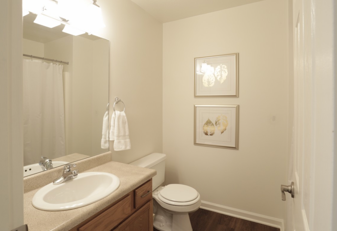 Bathroom with a toilet, sink, mirror, and two framed butterfly art prints.