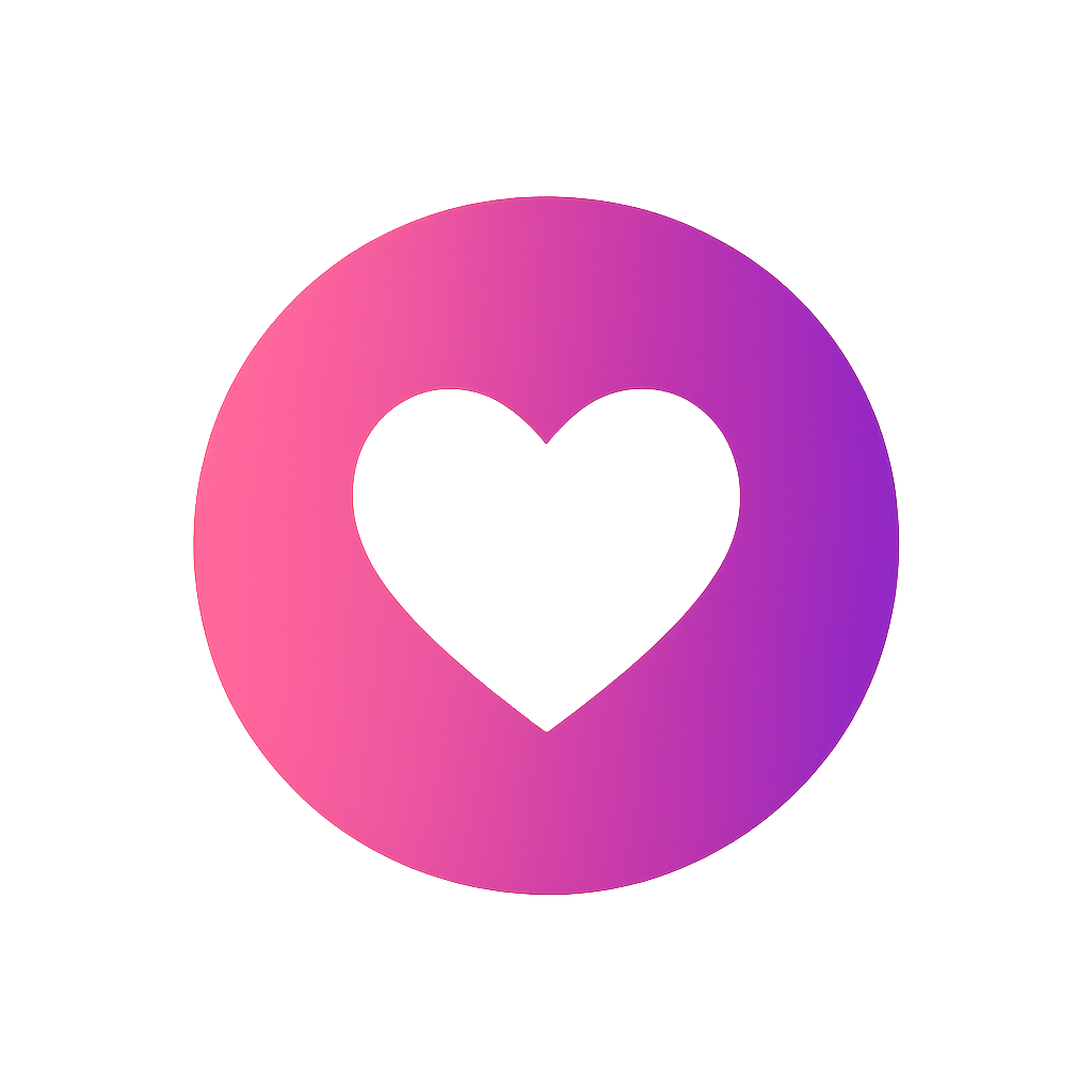 White heart shape in a pink-to-purple gradient circle.