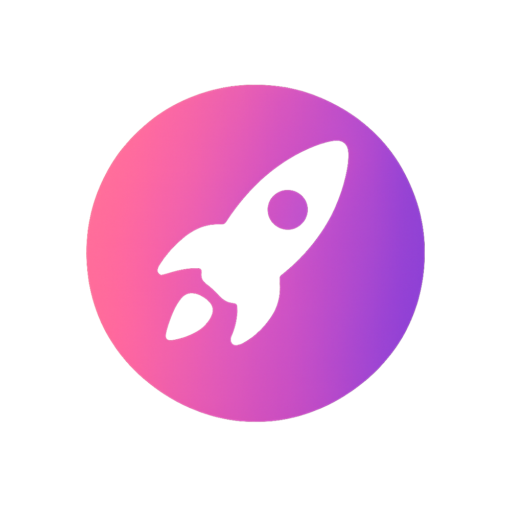 White rocket ship icon within a pink-to-purple gradient circle.