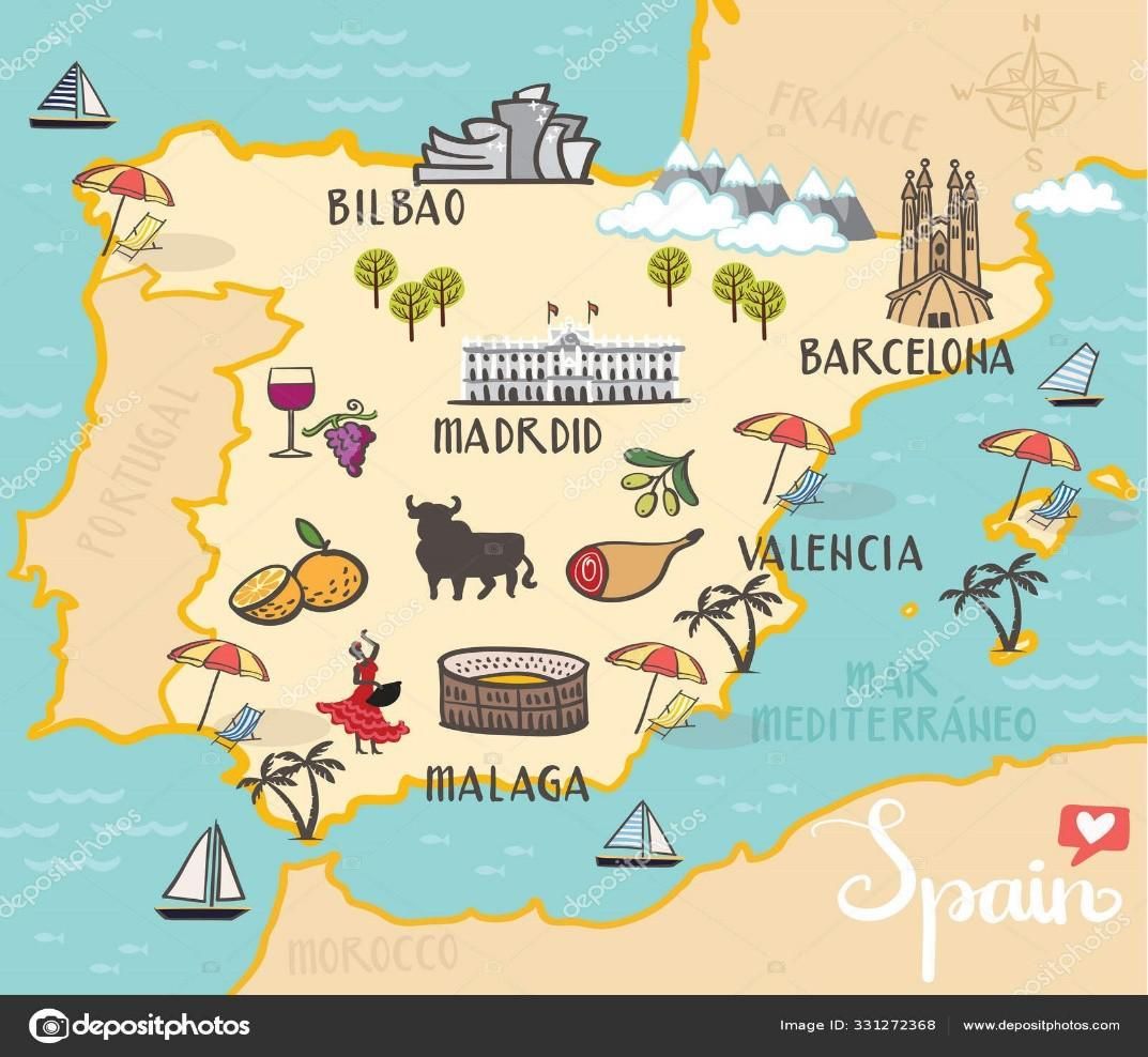 A map of spain with various icons on it